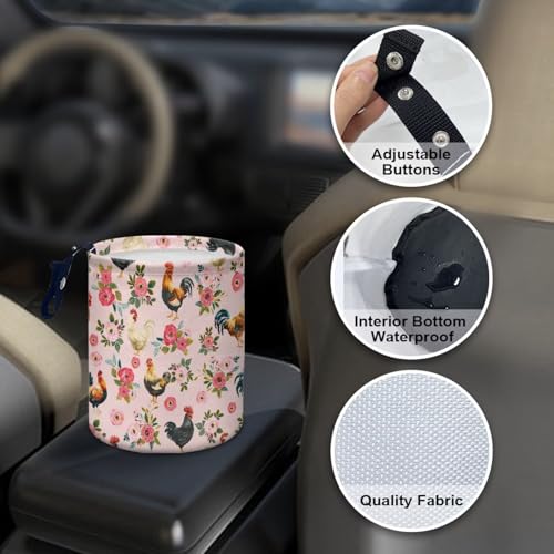 Image of Renewold Car Trash Can Foldable with Adjustable Button Straps Pink Floral Chickens Rooster Organizer Bag for Car Trip Camping Picnic Auto Garbage Can for Console Seat Trash Bin for SUV Van Sedan Truck