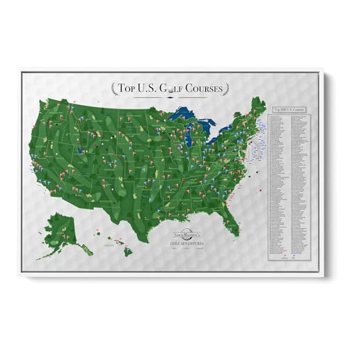 Image of Push Pin Travel Maps Top 200 Golf Courses USA Canvas - Personalized Golf Course Tracker with Pins, Framed Golf Wall Decor - White Float Frame - 34 inch x 51 inch