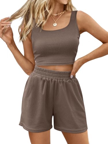 Image of Trendy Queen Two Piece Summer Outfits 2 Piece Sets 2026 Sleeveless Matching Lounge Crop Top High Waisted Short