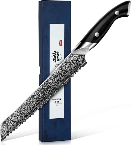 DRAGON RIOT Damast Brotmesser Wellenschliff - Profi Brotschneidemesser mit Holzgriff, Scharfes Sägemesser für Brot, Bagels, Kuchen, Geschenk für Männer und Frauen