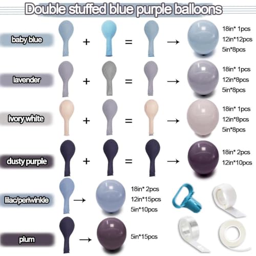 Image of Baby Blue Purple Balloon Arch Double Stuffed Lavender White Balloon Garland | Dusty Lilac Viloet Plum White Sand Balloons for Baby Shower,Birthday,Bridal,Fairy,Butterfly,BlueBerry Party Decorations