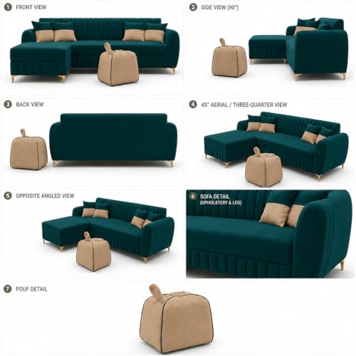 Image of CASASTYLE Signature Velour 4-Seater L-Shape Sofa Set with Movable Ottoman & Suri Pouf | Flexible LHS /RHS Layout | Boston Fabric | 40D Foam + Zigzag Spring | 3-Yr Warranty (Ocean Green, Sand Beige)
