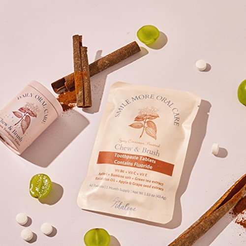 Tidalove Smile More Toothpaste Tablets With Fluoride, Anti-Cavity, Vegan, Zero Waste, Eco-Friendly, Travel Friendly, 1 Month Supply Refill (62 Tablets) (Spicy Sweet Cinnamon) #TOP2