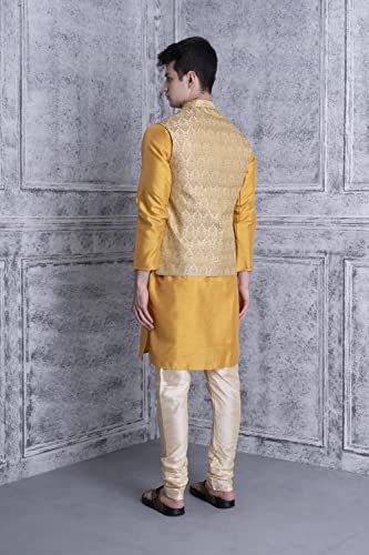 Image of Uri and MacKenzie Men's Silk Blend Regular Kurta Churidar Pyjama with Bundi Nehru Jacket /Waistcoat
