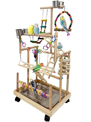 Niwaes 5 Layers Large Bird Playstand with Wheel Natural Wood Parrot Playground Parakeet Perch Stand Small Bird Playgym with Ladder Toy Accessories for Cockatiel Cockatoo Finch Budgie Lovebird