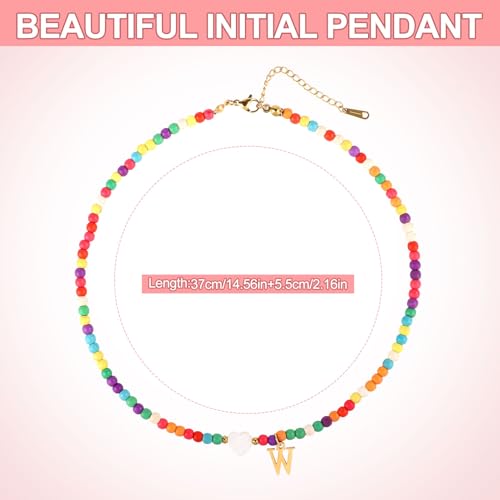Initial Beaded Necklace, Colorful Cute Beaded Necklace with Heart Shells Stylish Letter Pendant Necklace Handmade Personalized A-Z Gifts for Women Girls (Letter W)2