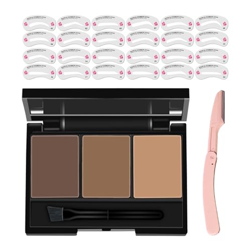 Eyebrow Powder Stamp Stencils and Shaping Kit for Woman Waterproof Ash Brown for Blonde, with 24 Reusable Eyebrow Stencils, One Eyebrow Knife (brown)