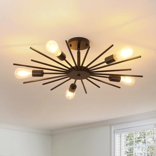 Karjearl Sputnik Ceiling Light Fixture 27.5 Inch 5-Light Large Black Semi Flush Mount Light Modern Farmhouse Sloped Ceiling Lamp for Kitchen Entryway Bedroom Living Room E26
