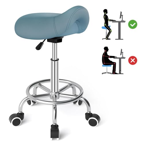 Sattelhocker Ergonomisch - Bequemer Sattelstuhl mit einem breiten Sattelsitzkissen, drehbarer, verstellbarer Sattelhocker mit Rollen und Ringpedal für Medizin,Massage, Salon, Schwarz & Blau Set