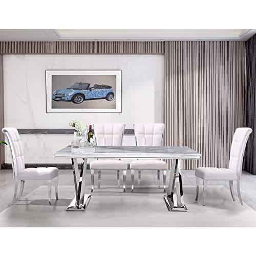 Acedécor White And Silver Dining Table With 6 Chairs, Rectangular Table & 6 Dining Chairs With Metal Back Ring Pull Trim, Silver Metal Legs(1 Table 6 White Chairs) #TOP4