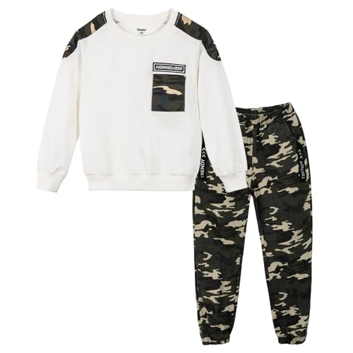 LOLANTA Enfants Ensemble de survêtement Camouflage, 2 pièces Garçon Pantalon Cargo + Sweat à Manches Longues, Blanc, 120