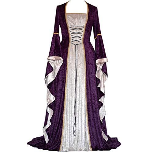 JURTEE Women Vintage Celtic Medieval Princess Long Party Dress Renaissance Gothic Flared Long Sleeve Cosplay Cocktail Dress(3XL,Purple)