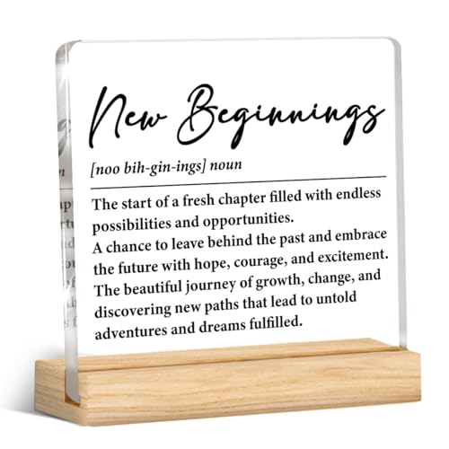 New Beginnings Gift, Inspirational Graduation Gifts for Her Him, New Beginnings Acrylic Desk Plaque Sign Home Office Desk Decor, Divorce Retirement Leaving Job Gifts for Women Men