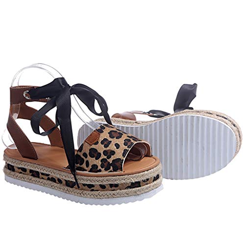 Viviplus Womens Platform Leopard Printed Sandals, Faux Leather Bandage Wedge Ankle Strap Summer Open Toe Sandals Espadrilles #TOP4