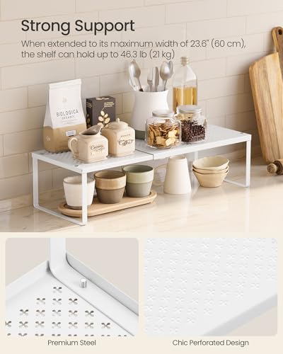 Songmics Spice Rack, Extendable Cupboard Organiser, Kitchen Countertop Shelf, Space-Saving Metal Storage, Matte White KCS007W01 - 4
