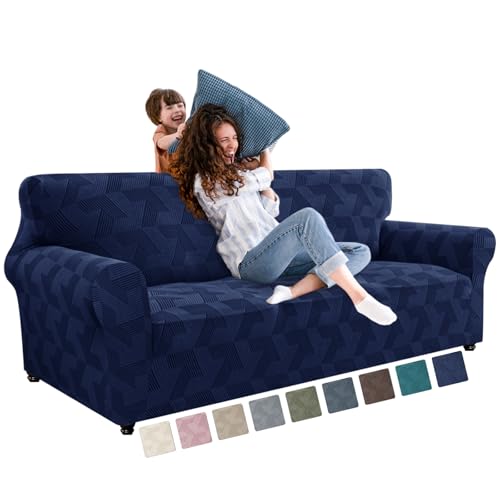 JIVINER 1 Piece Couch Cover for 3 Cushion Couch, High Stretch Sofa Covers with Elastic Bottom, Washable Sofa Slipcovers for Dog, Pets Feature Geometrical Jacquard Fabric (Sofa, Navy Blue)
