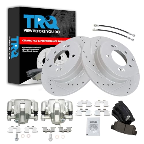 Image of TRQ Performance Rear Brake Pad and Rotor Set Ceramic Slotted Drilled G Coated Rotors Calipers Compatible with 2006 Hyundai Sonata