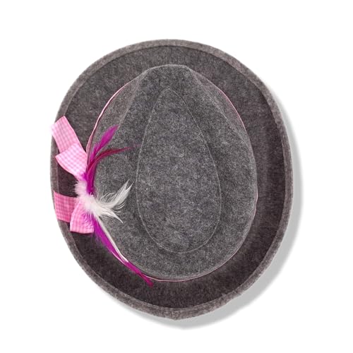 BF Souvenirs Damen Trachtenhut ROSI – grauer Fedora mit rosa-weißer Feder | Kostüm- & Partyhut für Karneval, Fasching, Oktoberfest & JGA
