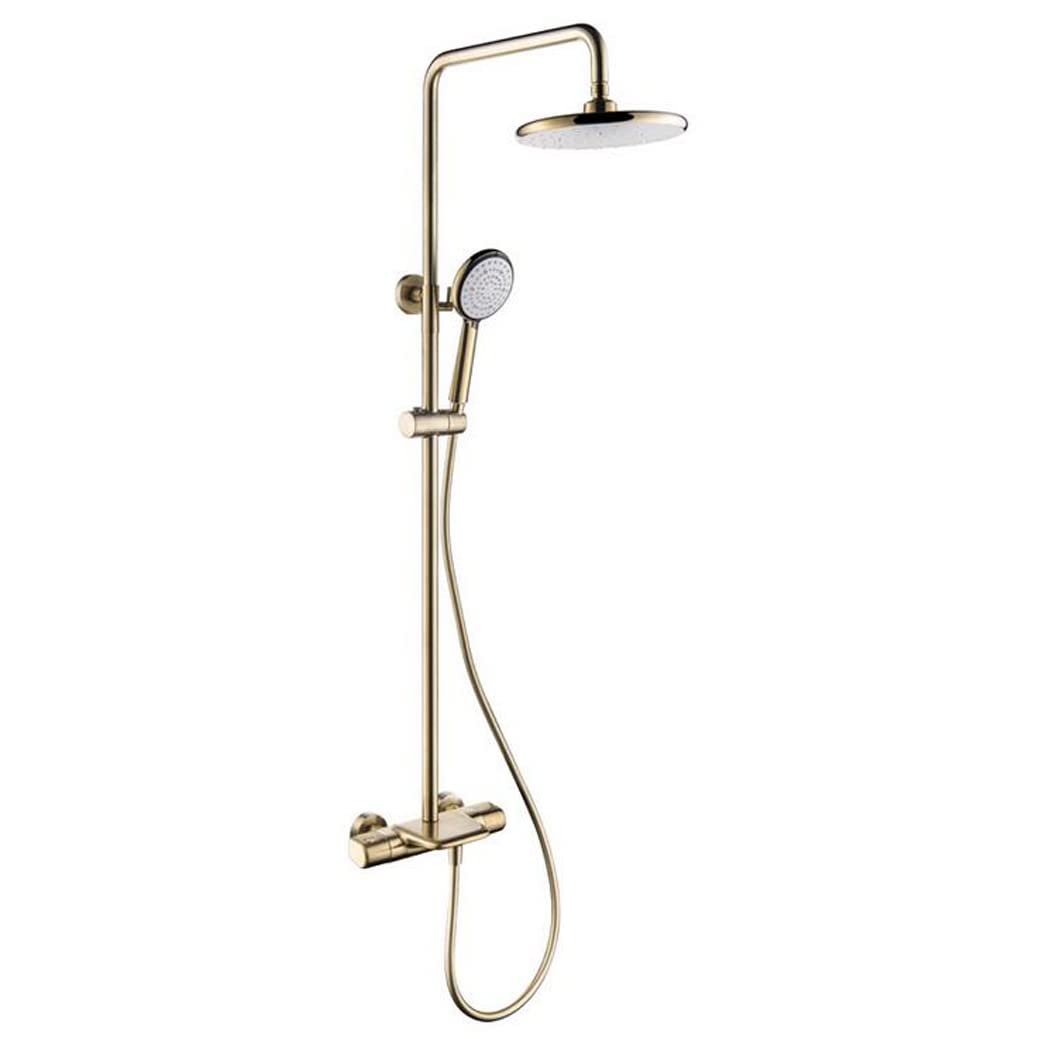 OZBMA Brushed Gold Shower System - Luxury Thermostatic Wall-Mounted Taps, 8" Rainfall Head & Handheld Diverter Mixer, Premium Brass Bathroom Set (A E)
