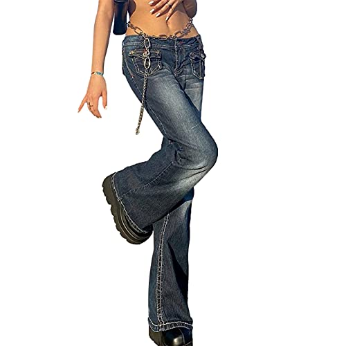 Flared Jeans for Women Y2k Low Waist Denim Bell Bottoms Hip Hop Relaxed Fit Washed Trousers with Flap Pockets2