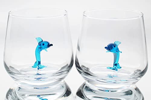 HeguSun 3D Drinking Glass Cup Featuring Cute Dolphin Figurine, Hand Blown Glass Mug for Wine, Water, Milk – 12oz
