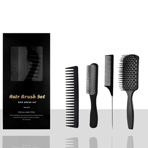 Miniatura 5 de Juego de 4 cepillos y peines desenredantes para hombres y mujeres, ideal para cabello húmedo, seco o rizado (negro)