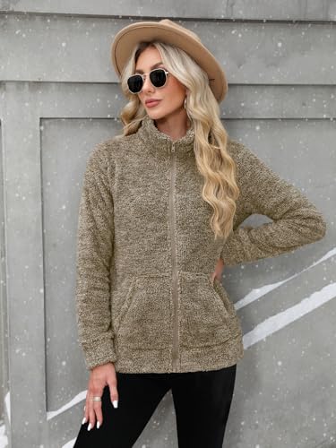 BesserBay Winter Damen Warm Stehkragen Casual Fleece Jacke Weich Outdoor Bequem Plüschjacke Coffee L