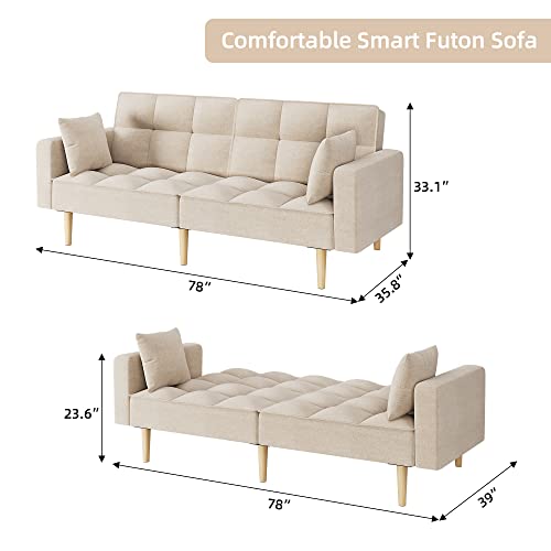 Senfot 78" W Upholstered Linen Couch Sofa, Modern Futon Convertible, Sleeper Sofa With Button Tufted Design And Thicken Wood Leg In Beige #TOP2