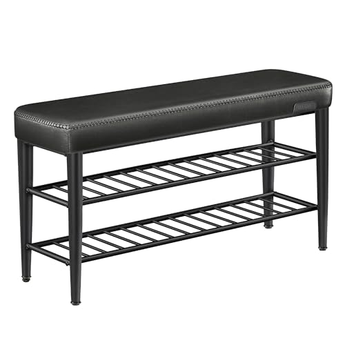 VASAGLE EKHO Kollektion - Schuhbank, Sitzbank, Sitztruhe, Eingangsbereich, Kunstleder, Nähte, Mid-Century-Modern-Stil, modern, bis 135 kg belastbar, 30 x 100 x 50 cm, tintenschwarz LSB113B01