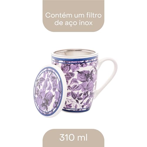 Caneca de Porcelana Super White com Tampa e Filtro Blue Garden 310ml - Lyor