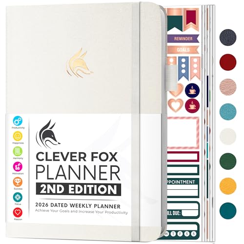 Clever Fox Planner 2nd Edition Dated Jan 2026-Jan 2027 Ã¢â‚¬â€œ Colorful Weekly & Monthly Goal Setting Planner, Habit Trackers, Time Management and Productivity Organizer, Gratitude Journal, A5 (White)