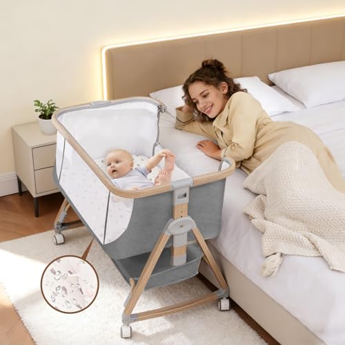 Image of Jestonten Baby Bassinet, 3 in 1 Bassinets Bedside Sleeper with Waterproof Sheets, Breathable Mesh, 6 Adjustable Height Bedside Bassinet for Baby with Wheels, Storage Basket, Gray