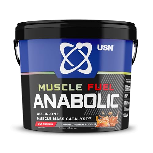 USN Muscle Fuel Anabolic All-In-One Muscle Mass Gainer, Caramel Peanut Flavour - 4kg, 54g Protein Powder, 5g Creatine Powder & 5g BCAA Powder For Maximum Muscle Growth, Post Workout Recovery Drink Mix