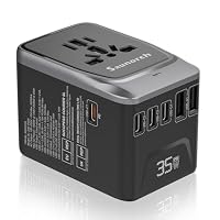 SAUNORCH Universal Travel Adapter, PD 35W 7 in 1 International Power Plug Adapter with 4 USB-C and 2 USB-A Fast Wall Charger, Worldwide AC Outlet for US Europe UK AUS Asia (Silver+Black)