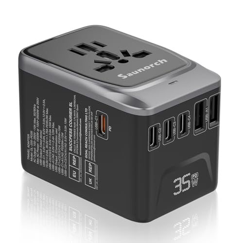 SAUNORCH Universal Travel Adapter, PD 35W 7 in 1 International Power Plug Adapter with 7.0A 4 USB-C and 2 USB-A Fast Wall Charger, Worldwide AC Outlet for US Europe UK AUS (Black+Silver)