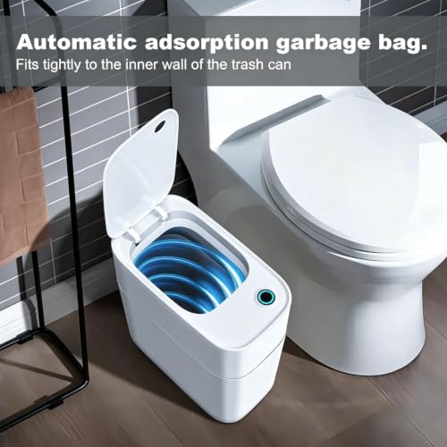 Image of MOPUP Trash Can with Lid Automatic Garbage Can, 3.5 Gallon Slim Small White Plastic Smart Trash Bin, Narrow Motion Sensor for Bedroom, Bathroom, Toilet Office