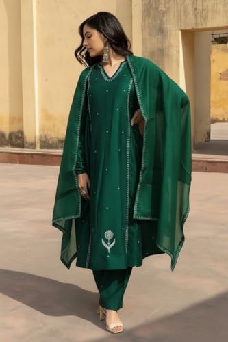 Image of ANNI Designer Women Ethnic Kurta Pant Set Rayon Viscose Straight Fit Solid Embroidered Dupatta Traditional Indian Wear Outfit Suitable Casual Festive Office Styling