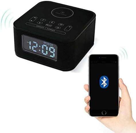 Homtime D2qi speaker next to a smartphone displaying the Bluetooth logo, indicating connection.