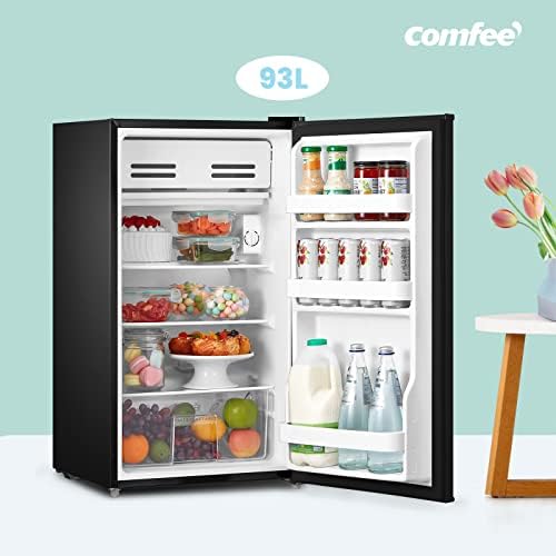 COMFEE' RCD93BL1(E) Under Counter Fridge, 93L Fridge with Cooler Box for Drinks, Removable Glass Shelf, Reversible Door Hinge, Adjustable Legs, Black