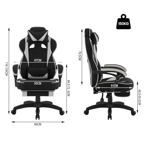 Sedia Gaming Tessuto Traspirante Sedia Ufficio Ergonomica con Poggiapiedi Poltrona Gaming Girevole con Schienale & Sedile Grandi per Persone di Taglia Grande, Nero+Grigio, GS02gr - Sedia gaming - Immagine 2