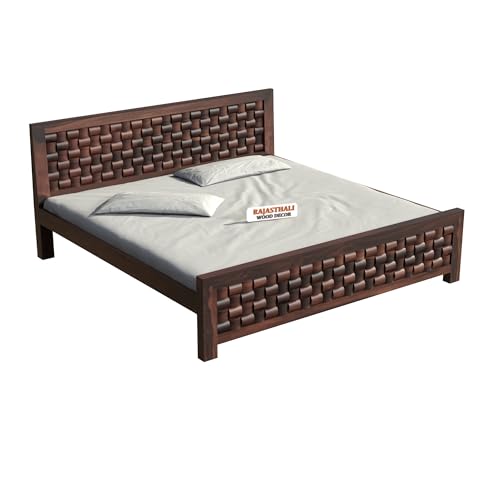 Image of Classic Niwar Style Sheesham Wood King Size Bed Without Storage (81x74 Inch) | Wooden Double Bed Cot for Bedroom Furniture | Modern Palang Bed | Walnut Finish