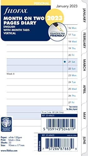 Filofax Personal Month on Two Pages English Block Format Tabbed 2023 Diary, White
