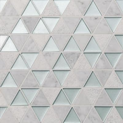 Bedrosians Kaikos 1.75" Triangle Glass and Stone Mosaic in Blue and White Carrara