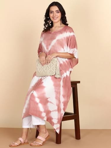 Image of Maaesa Women Handcrafted Tie & Dye Rayon Crepe Kaftan Dress | Casual Wear | Flowy Kaftan Style | Lightweight & Breathable Fabric