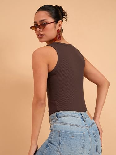 Image of barcino Beige Ribbed Round Neck Tank Top