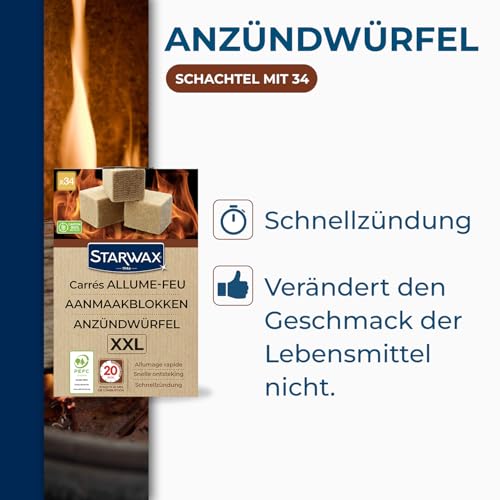 STARWAX – Anzündwürfel PEFC – Brenndauer bis zu 20 Min – Schnelles und sauberes Anzünden – Geruchlos – Beeinträchtigt nicht den Geschmack der Speisen – Für Grill, Kamin, Ofen – Set 34