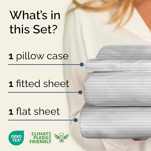 Image of Twin 3 Piece Striped Sheet Set - Soft, Breathable & Cooling - Fine Lines | 1 Flat, 1 Fitted & 1 Pillowcase w / Deep Pockets, Luxury Striped Bedding, Soft, Breathable & Cooling, Wrinkle & Fade Free