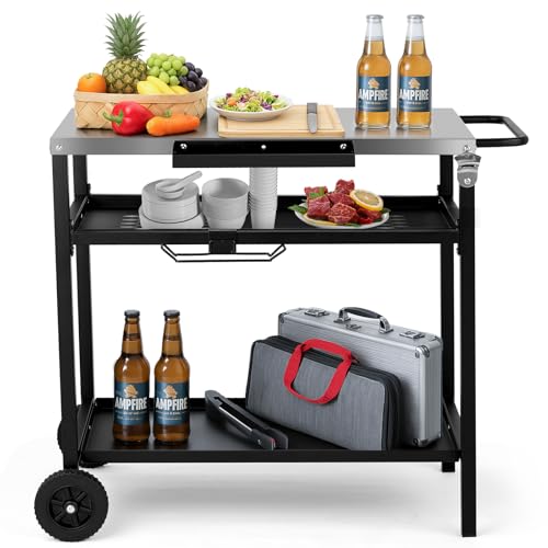 LEADZM Dessertes de Jardin, Chariot de Barbecue Mobile à 3 Niveaux, 97 x 51 x 83 cm, Établi en Acier Inoxydable argenté - desserte Exterieur, Panier avec...