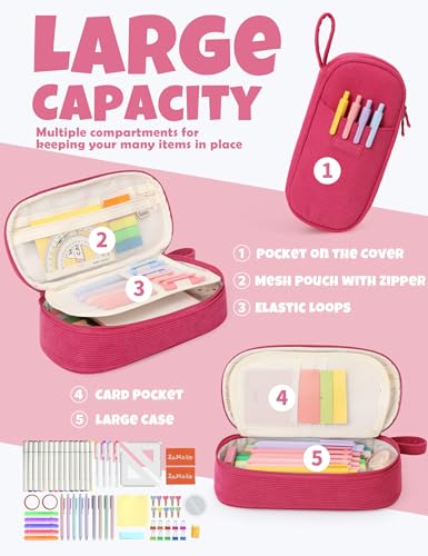 Image of SUNEE Cute Pencil Case, Large Pencil Pouch, Soft Corduroy Fabric Big Pencil Bag with Zipper, Kawaii Pen Bag Stationery Storage and Organizer, School Supplies for Teen, Student, Boys, Girls, Berry Pink
