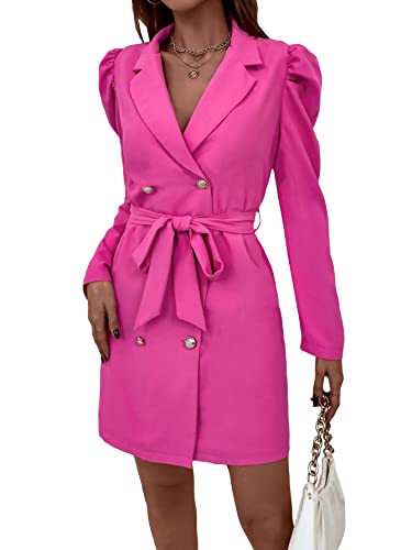 Wdirara Women's Lapel V Neck Tie Front Puff Sleeve Doube Breasted Solid Blazer Outwear Hot Pink S #TOP18